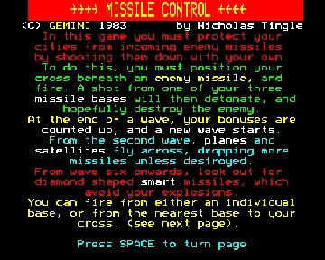 Missile Control (1983)(Gemini Games)[MISSILE] screen shot title